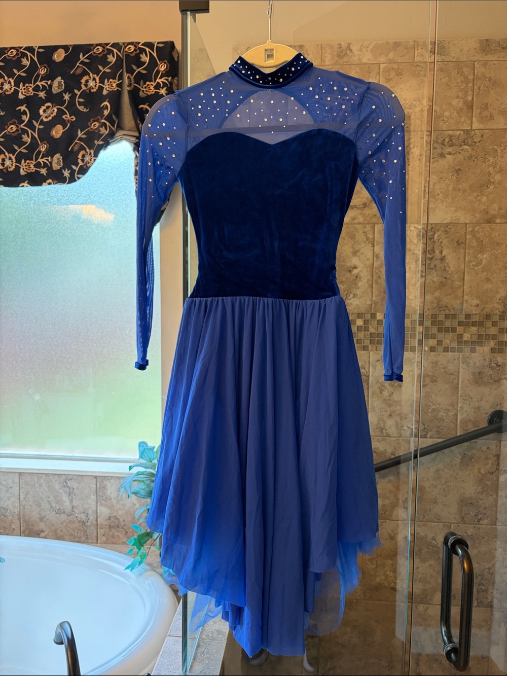 Royal Blue Velvet & Mesh Long-Sleeve Dance Dress